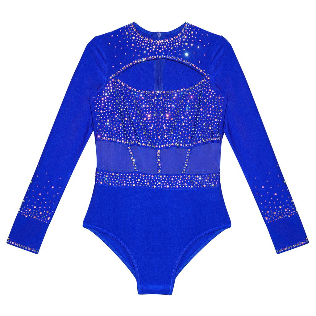 Girls Dance Bodysuit Long Sleeve Rhinestone Leotard with Back Zipper & Cutout for Performance