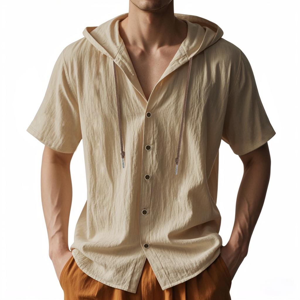 Summer Men's Lightweight Breathable Linen Loose-Fit Hooded Short-Sleeved Shirt