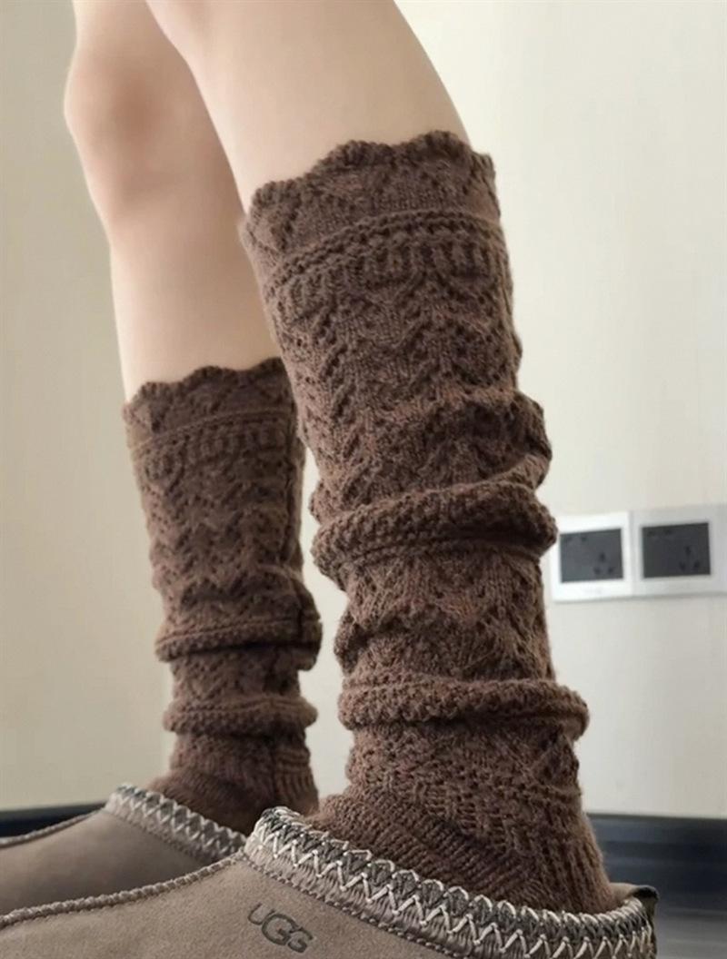 

Vintage Wool Pile Socks, Warm Knitted Hollow Calf Socks, Wei Xue, Woolen Lace Stockings One size fits all кавовий