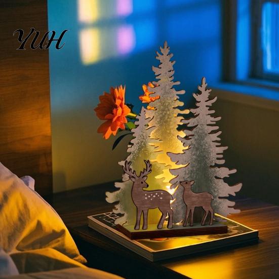 Seasonal Home Accessories Wooden Christmas Tree Table Decor with LED Light, Rustic Standing Sign Small Lighted Reindeer Santa Claus for Holiday Tiered