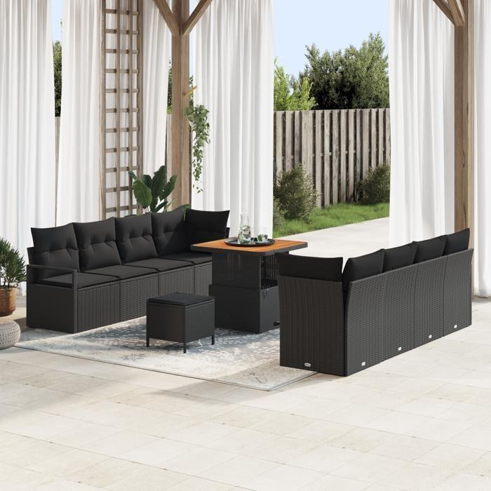 Ensemble de canapé de jardin 11 pièces avec coussins noir poly rotin acacia, Canapé de jardin 2 places avec rangement 3364444
