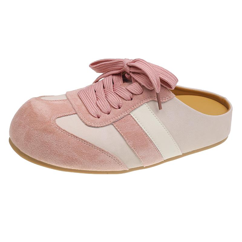 Fashion Spring Baotou Slippers for Women New Style Round Head Deep Mouth Splicing Front Lacing Soft Sole Non-slip Flat Shoes