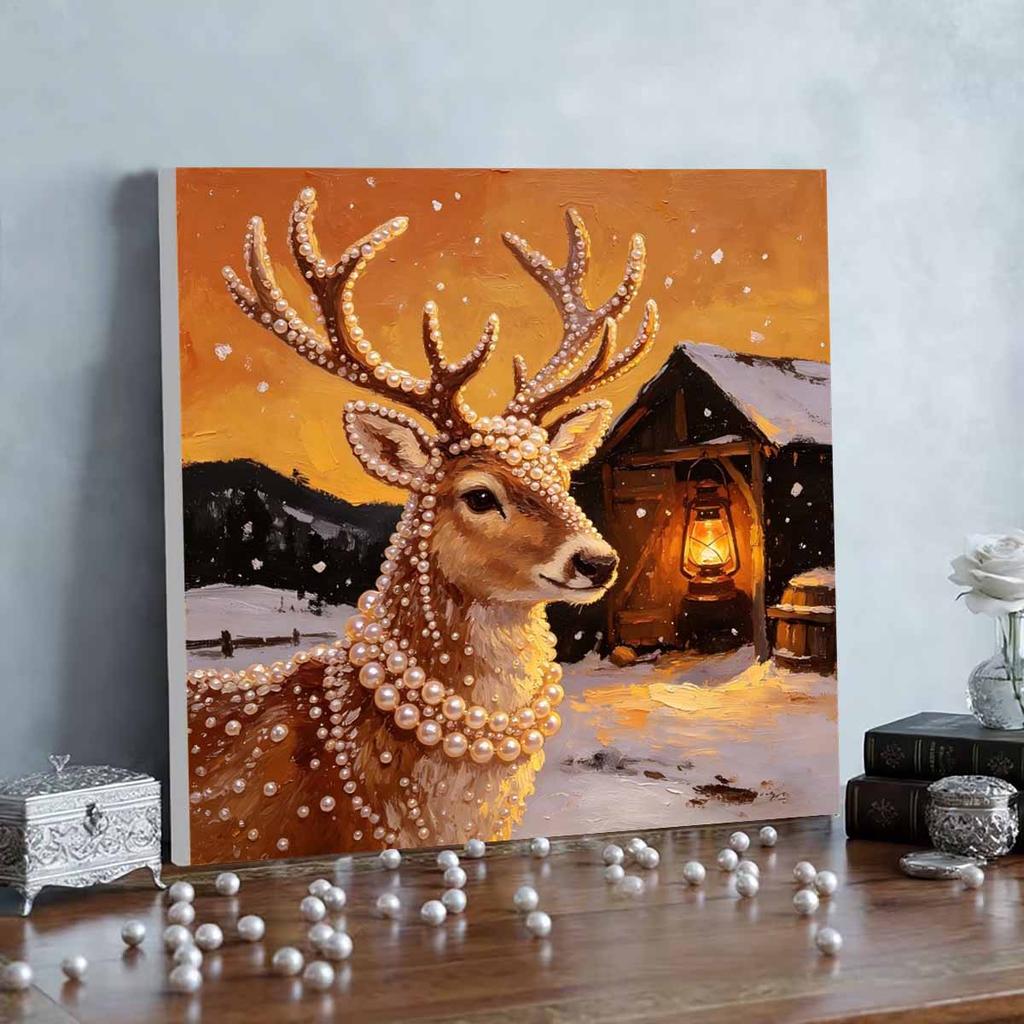 DIY Mini Framed Pearl Painting Kit Beads Winter Deer Lantern Canvas Home Decor Painting