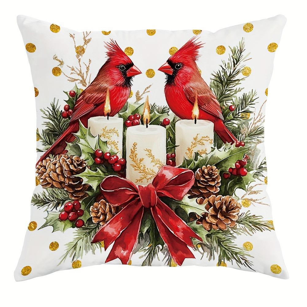 Față de pernă de decor de Crăciun, ghirlandă, lumânare, model pasăre, potrivită pentru casă, cameră, sufragerie, husă pernă canapea, cadou pentru prieten