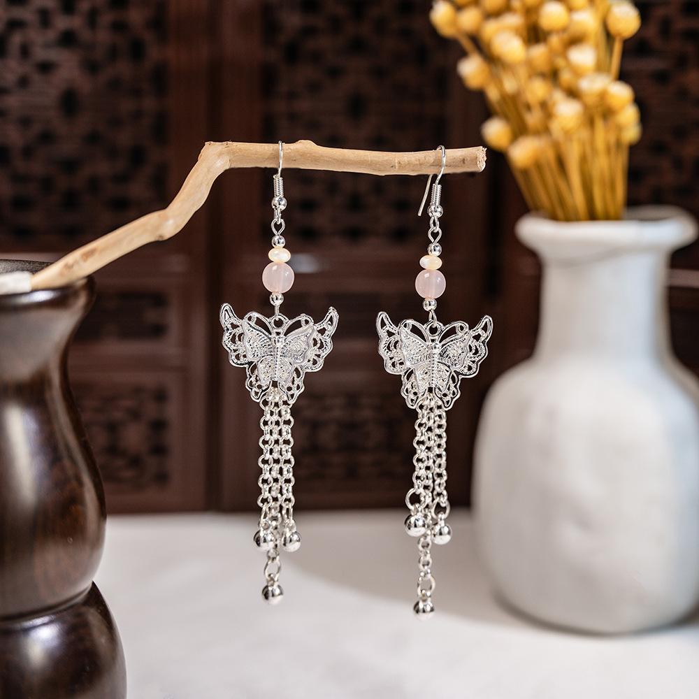 Antique Beaded Long Fringed Earrings, Chinese Hanfu Accessories, Flower Fan Bow Earrings.