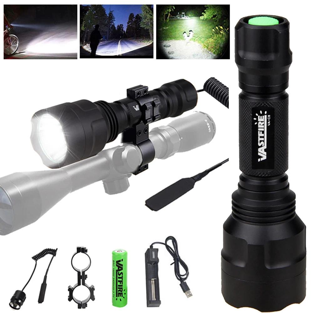 Taktische C8 Jagd-Taschenlampe Grün Rot 1-Modus Predator Hand-Taschenlampe für Kojote Wildschwein Raubzeug+Clip+Heckschalter+18650+Ladegerät