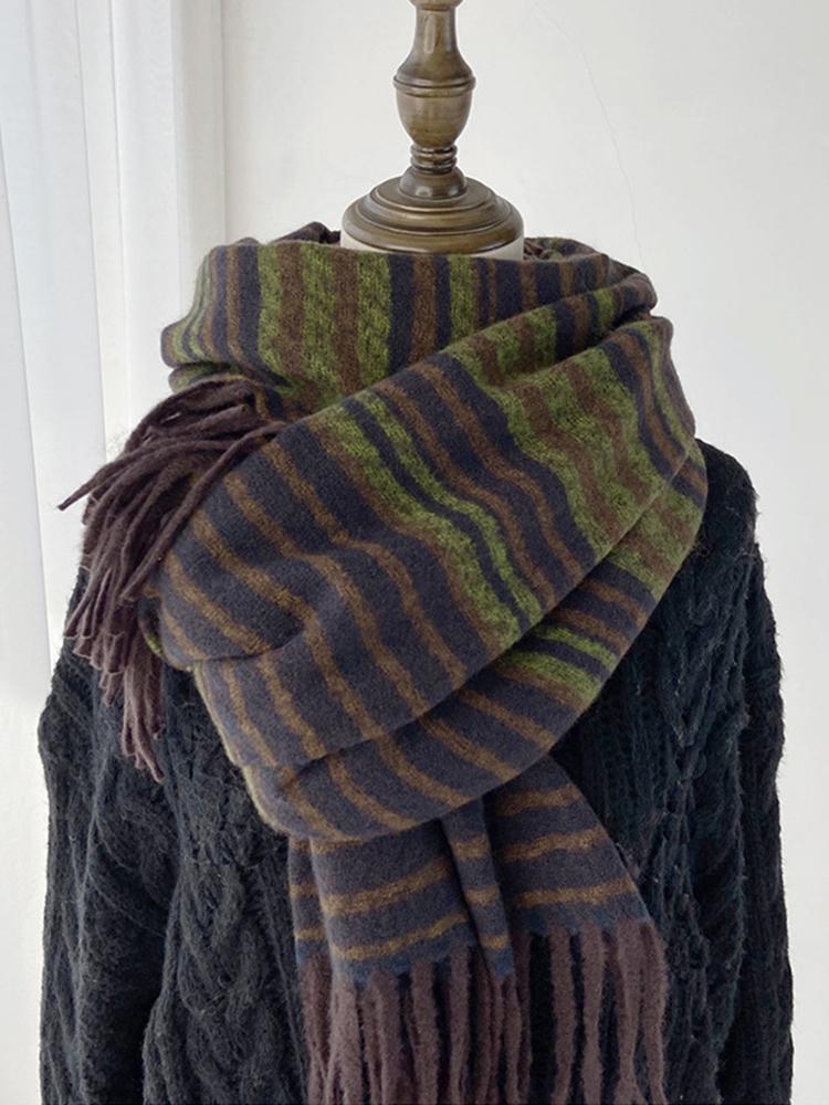 Women Winter Retro Knitted Scarf Headscarf Ladies Men Casual Striped Tassel Warm Scarve Mujer Male Wrap Shawl Unisex New Korean