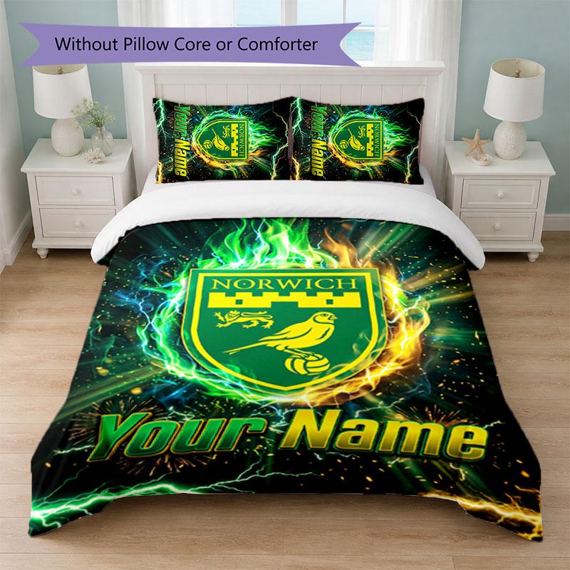 Set Biancheria da Letto Norwich City con Nome Personalizzato 1 Copripiumino+2 Federe Logo Calcio Regalo Personalizzato per Occasione Speciale Decorazione Camera da Letto