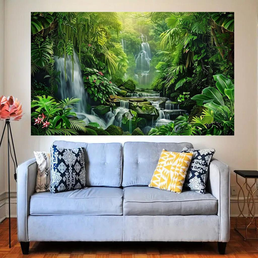 1pc Yongqing Forest Waterfall Background - Polyester Party, Spring and Summer Jungle Landscape Photography Background