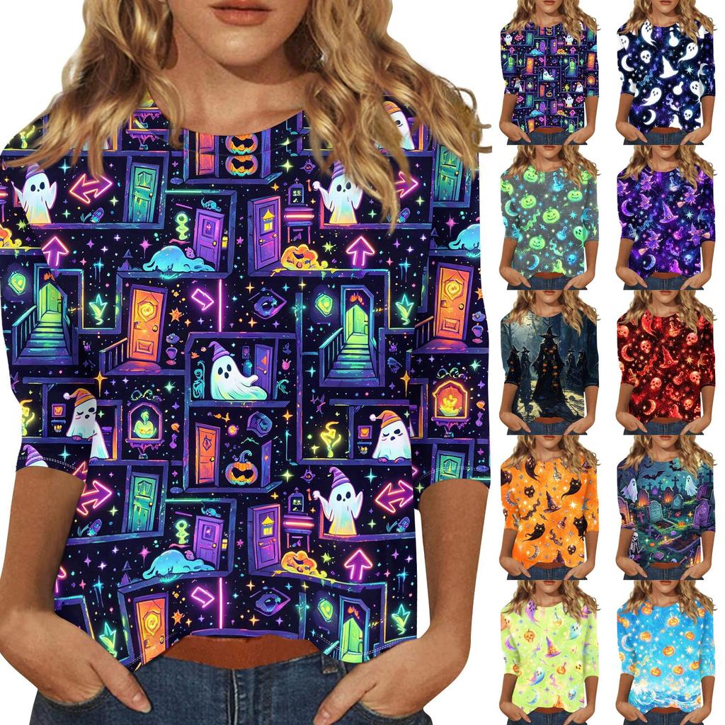 Women’s Casual Three Quarter Sleeve Halloween Printed Crew Neck Top Loose Fit Pullover Comfortable Lightweight Shirt Blouse