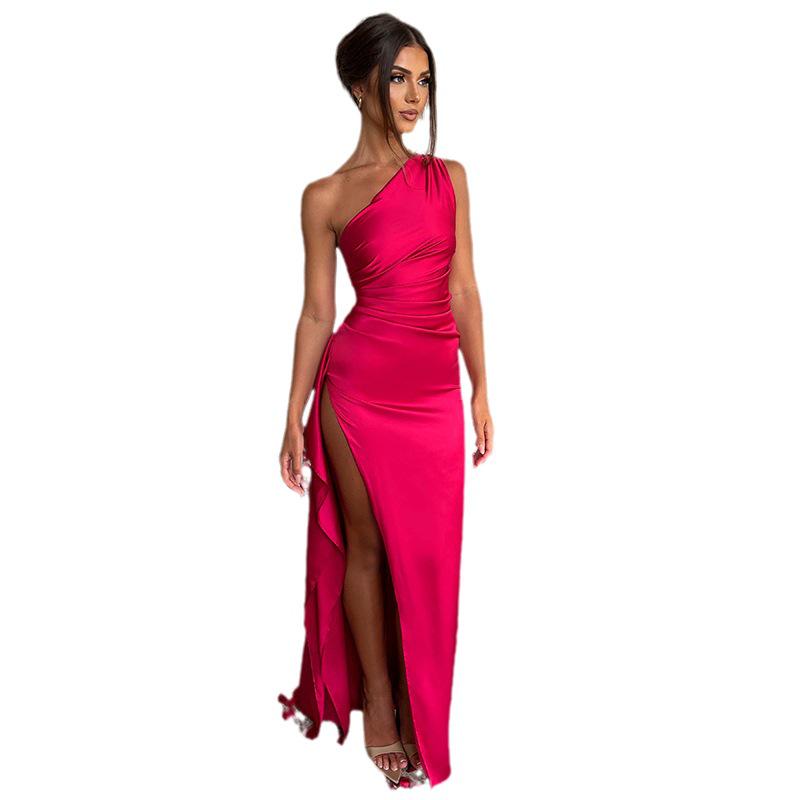 2026wish European & American Summer One-Shoulder Satin Dress: Stylish, Sexy, and Slim Fit with a Slit