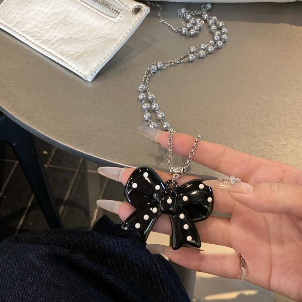 New Imitation Pearl Bead Sweater Chain Black Bow Heart Silver Flower Long Necklace Pendant Necklace Women Gifts