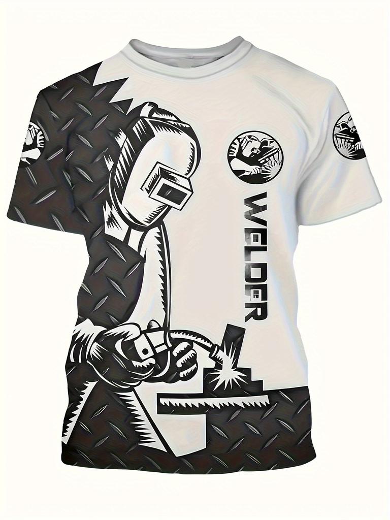Men's Welding-Themed T-Shirt - Full-Body Welder Graphic Workwear Shirt, Lightweight Breathable Fabric for Welding Enthusiasts, Industrial Chic Outfits