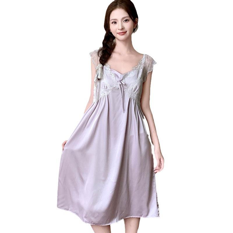 Sexy pajamas women's ice silk thin with chest pad lace lace knee long nightdress silk loungewear available