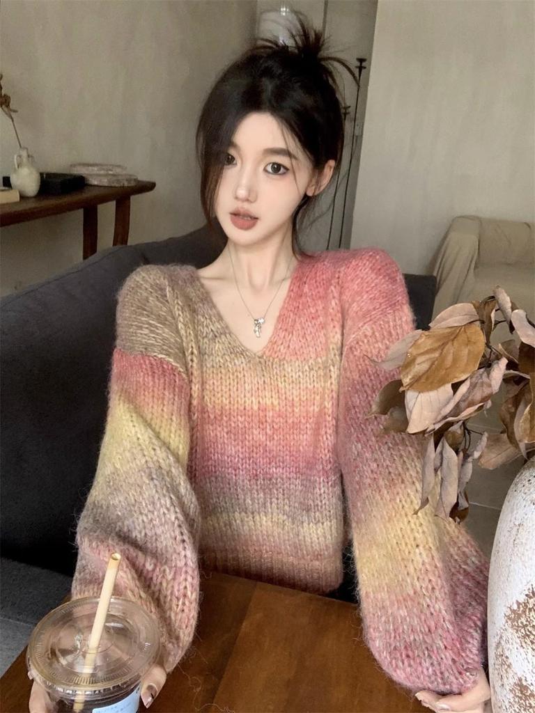 Retro Gradient V-Ausschnitt Strickpullover - Damen Locker Langarm Pullover für Herbst/Winter 2025