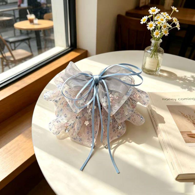 Handmade Chiffon Floral Bow Ponytail Clip for Voluminous Hair