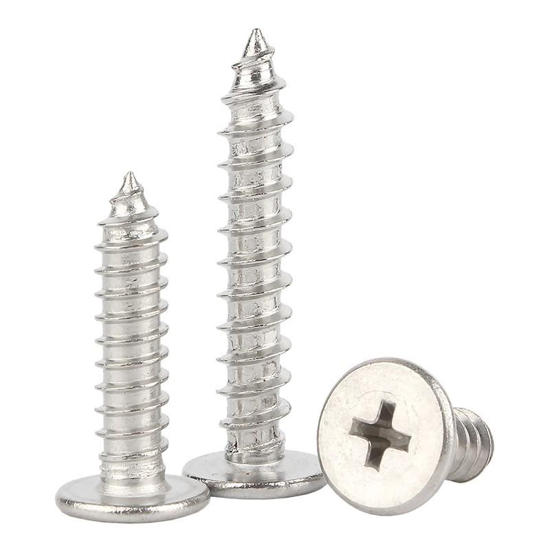 304 Stainless Steel CA Self-Tapping Flat Head Phillips Screws with Large Thin Head, Pointed Tail - Sizes: M2, M2.6, M3, M4, M5, M6.