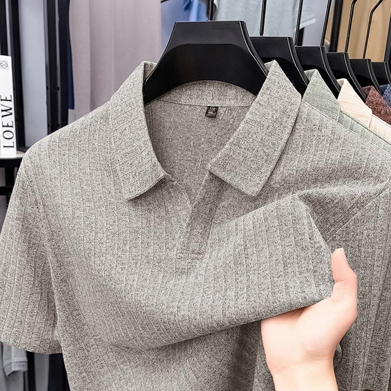 Men's Khaki Vertical Striped Knit Short Sleeve Polo Shirt
