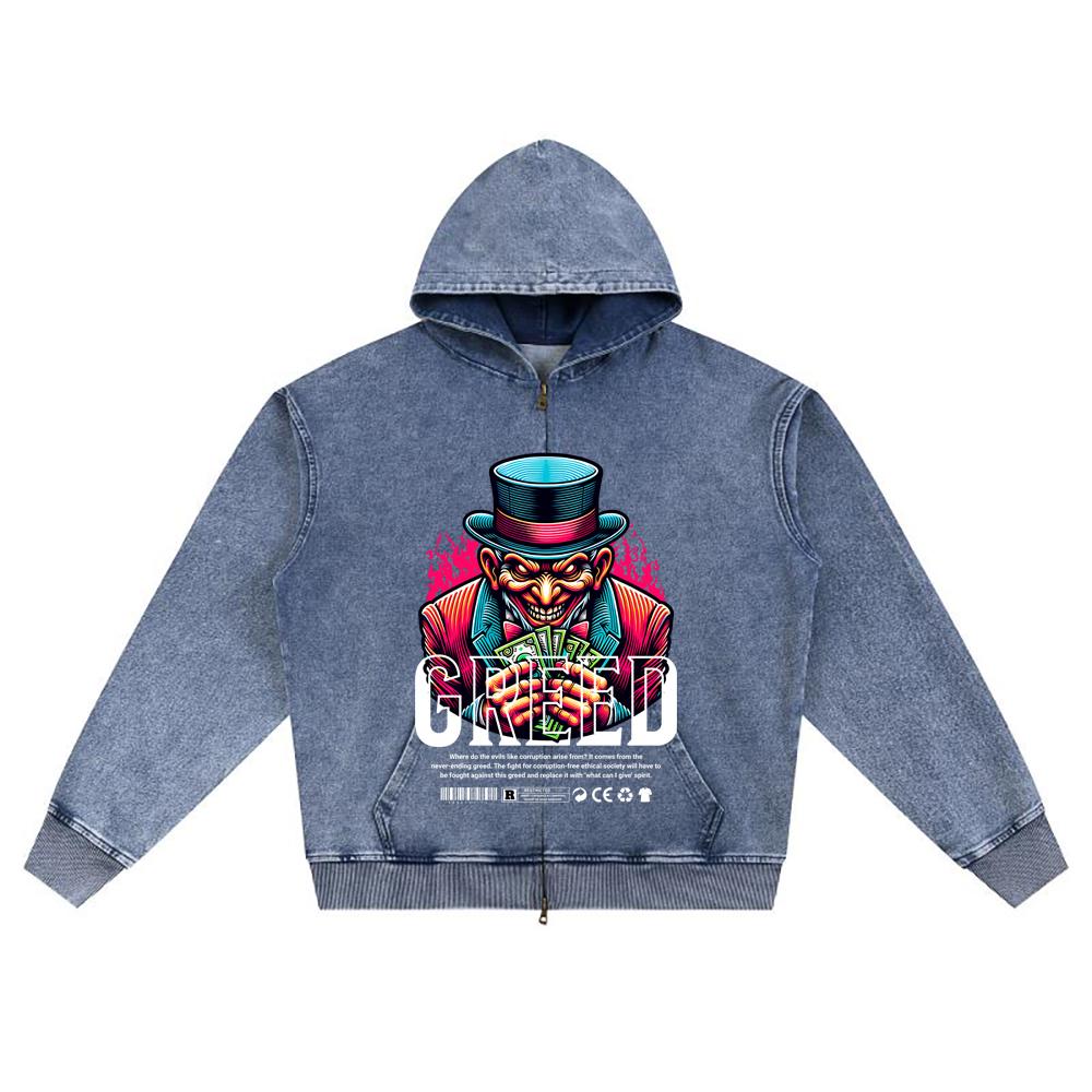 DTG Print Knitted Denim Zip-Up Hoodie Greed Brother Print Zipper Hoodies