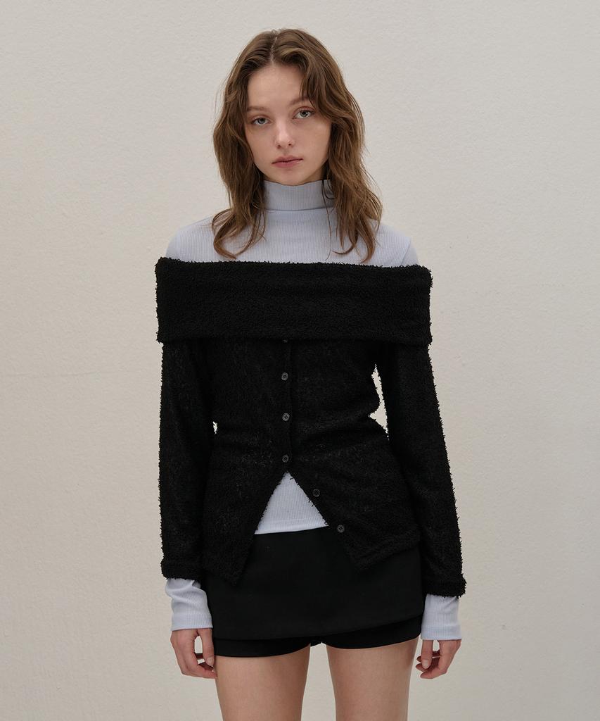 Camino Terry Off-Shoulder Knit Cardigan Black