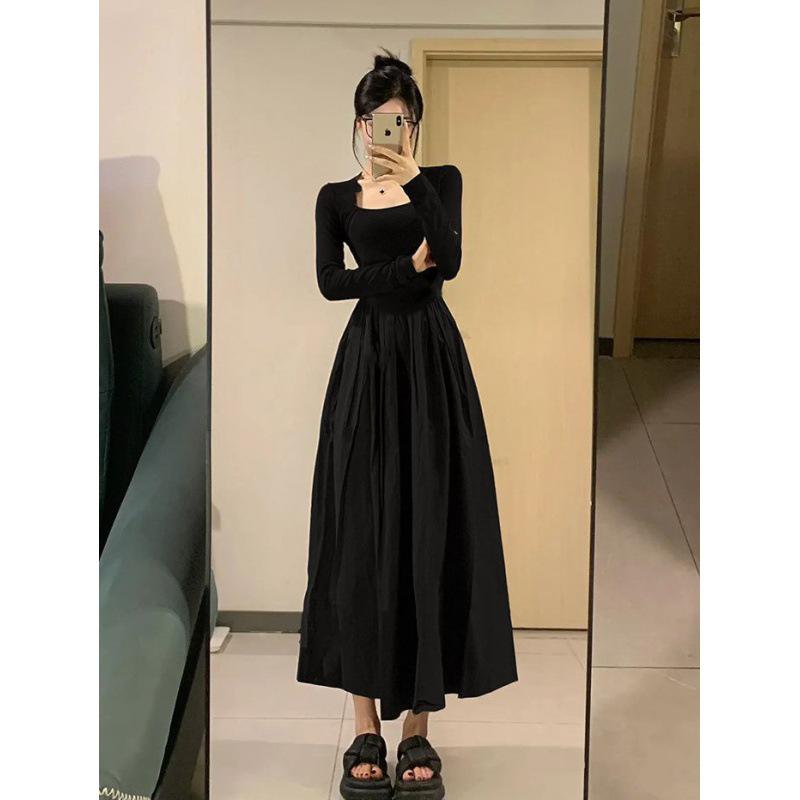 Damen 2025 Herbst/Winter Schwarz Taillenbetonend Schlankmachend Langärmeliges Kleid - Französischer Hepburn-Stil