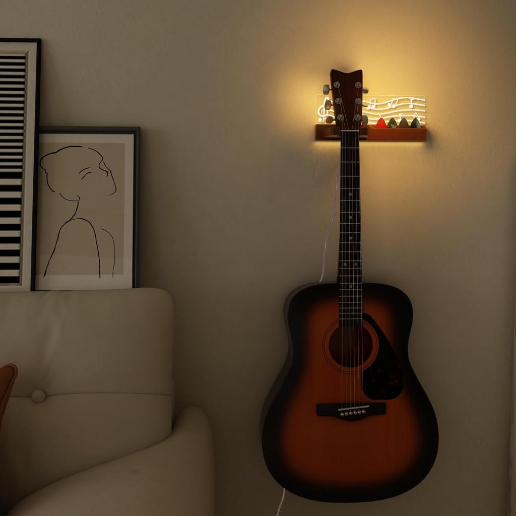 Guitar Wall Mount Stand with LED Lights - Solid Wood & Acrylic USB-Powered Guitar Accessories - Gift for Men, Guitar Players, Music Lovers