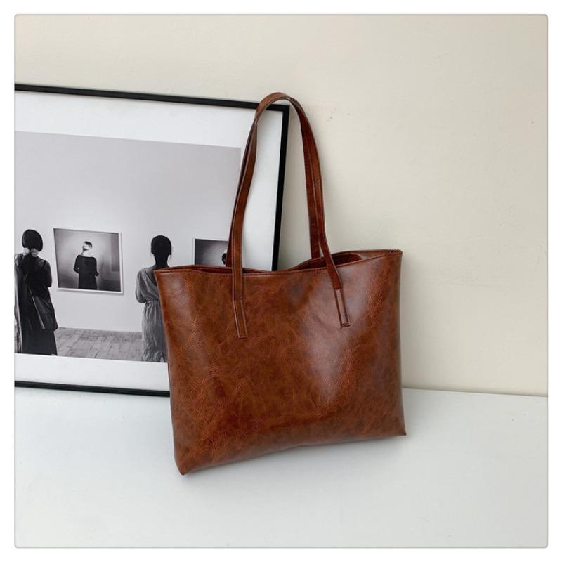 New women's simple large-capacity tote bag retro solid color trendy casual portable shoulder