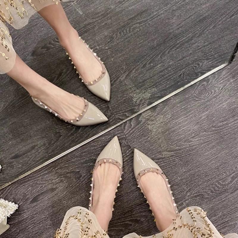 

Новые весенне-летние нюдовые туфли-лодочки с заклепками, с острым носком, с открытым верхом, кожаные, с мягкой подошвой, на низком каблуке, женские 40 абрикосовый