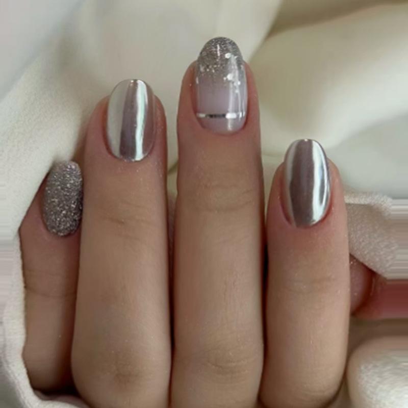 Silver fine flash cold short oval versatile European and American style removable manicure press on nails