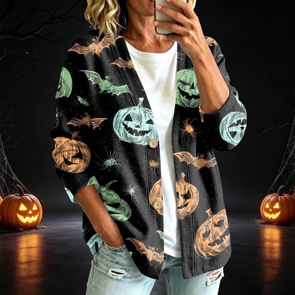 Women's Casual Button Down Halloween Print Jacket for Fall Seasonal Wear