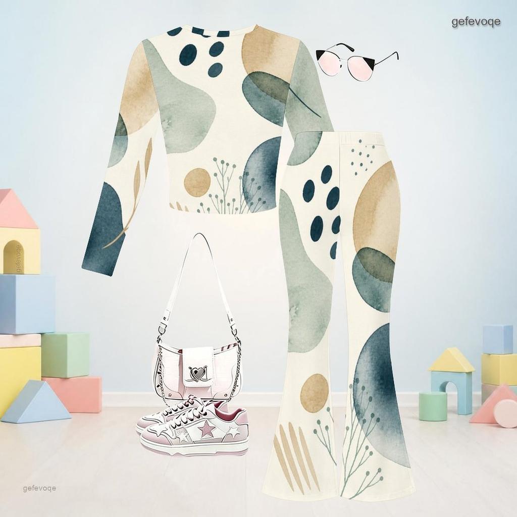 Girls Abstract Face Printed Round Neck Long Sleeve Top And Flared Pants Two Piece Outfit