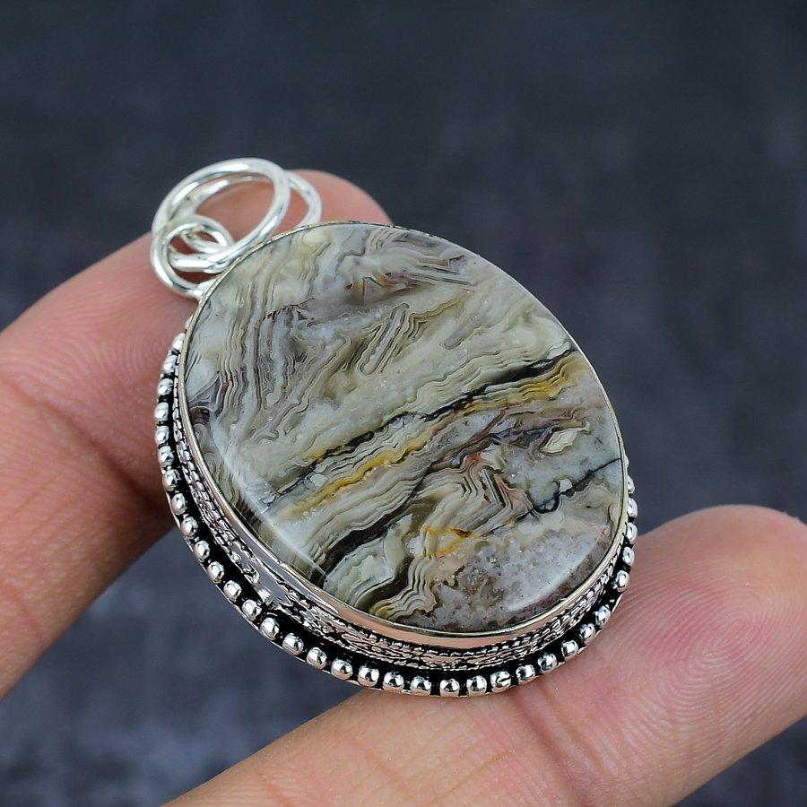Laguna Lace Agate Gemstone Handmade 925 Sterling Silver Gift Pendant 2.09" A9v02