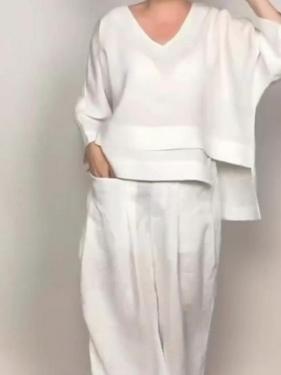 2025 Euro-American Style Solid Color Casual Two-Piece Set: Crew Neck Top & Mid-Waist Pocket Pants