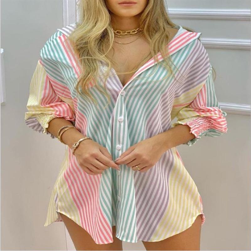 2026 European and American Style Summer Long-Sleeved V-Neck Button Striped Shirt Dress S