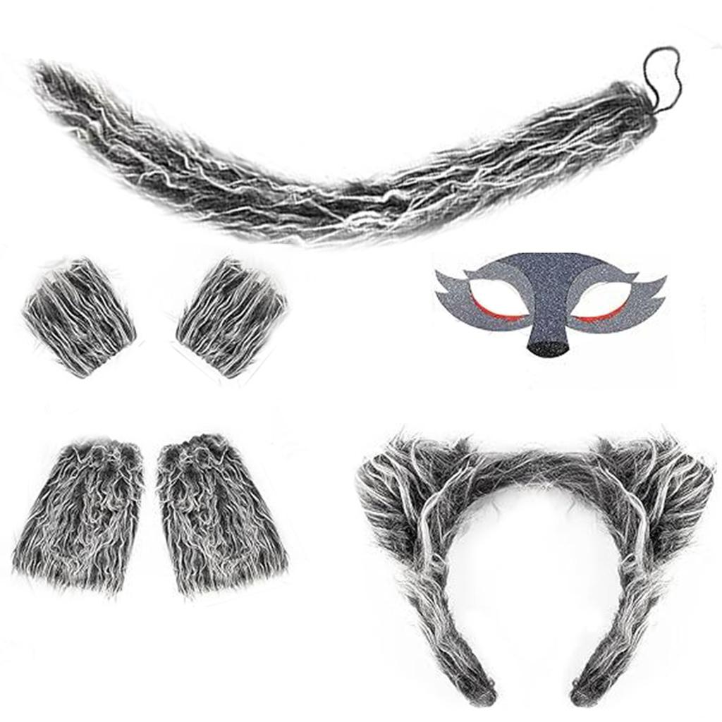 Unisex Gray Wolf Headbands and Tail Set for Kids Accessory for Halloweens Decoration and Birthday Party Costumes