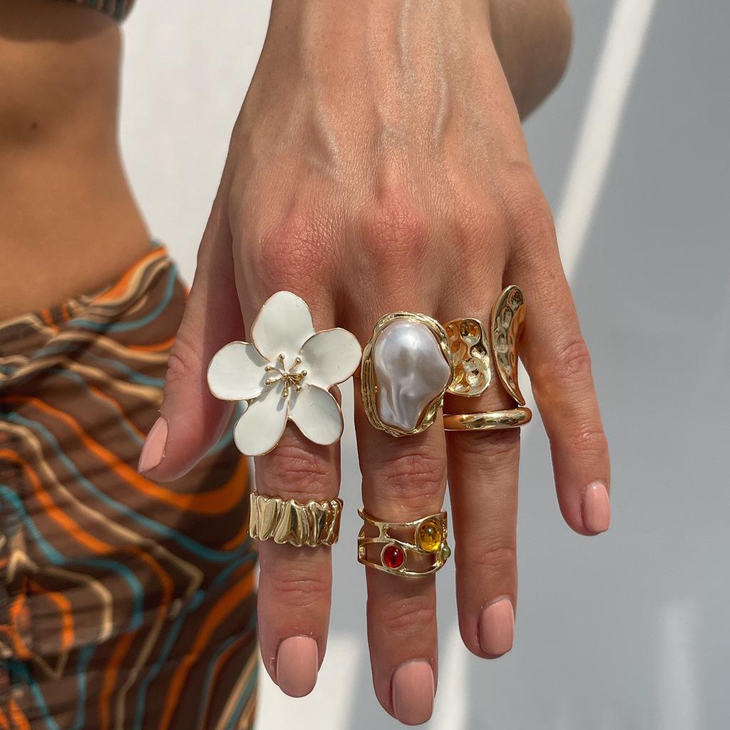 Baroque Imitation Pearl Retro Ring Design Sense Liquid Lava Flower Opening Ring
