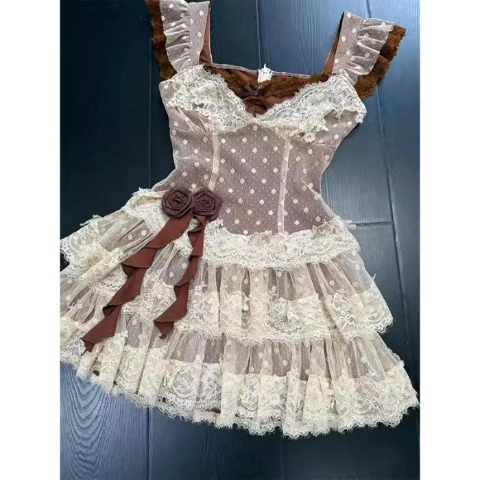 Pure desire lace dress women's summer new fake two pieces sweet and spicy unique waist and thin short skirt