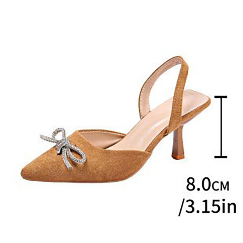 Women's Pointed Back Empty Sandals Rhinestone Bow High Heels Mueller Shoes