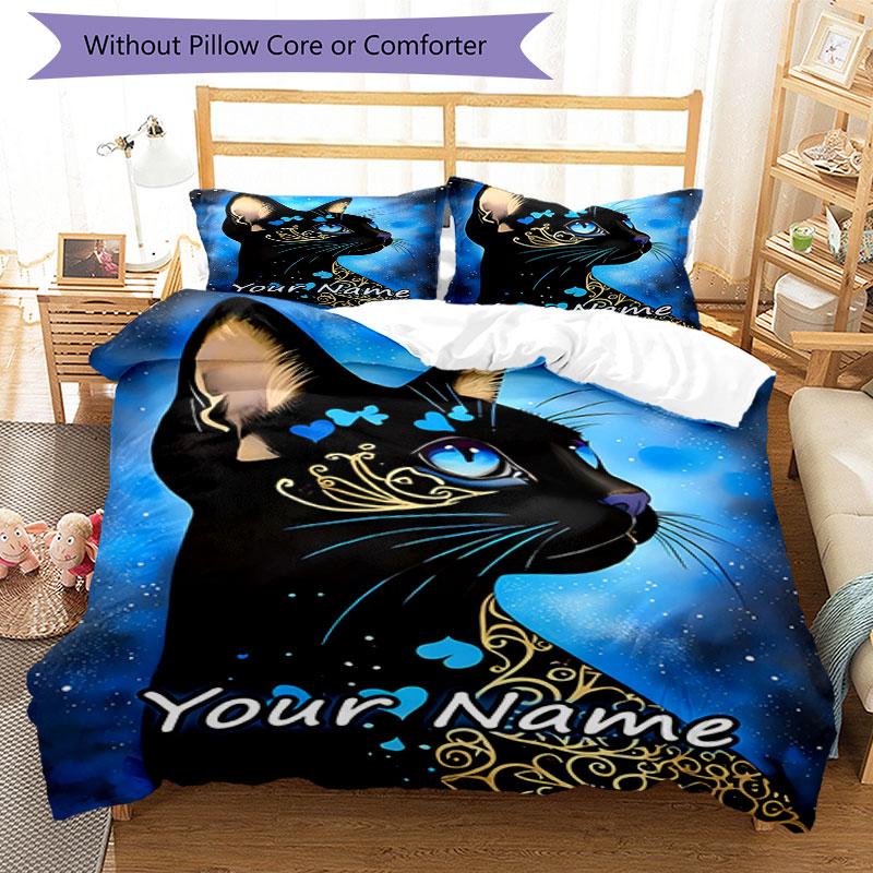 3PC Custom Name Blue Cat Dreamscape Bedding Set Duvet Cover Closure Includes 1 Duvet Cover & 2 Pillowcases for Bedroom