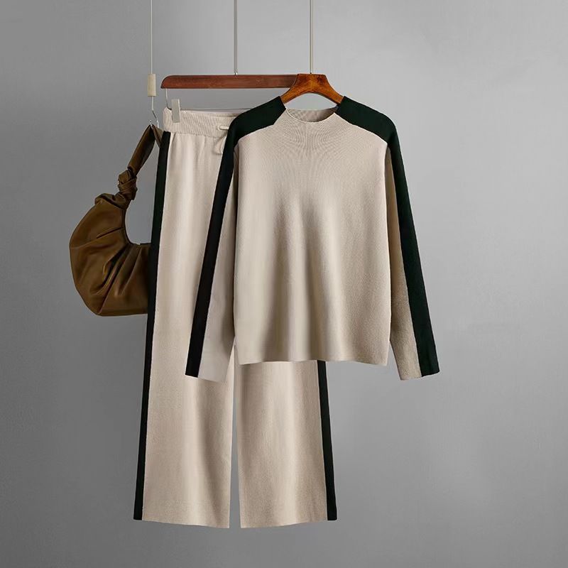 

Fashion Knitting Mock Neck Sweater Pants Suit Half High Collar Sweater Pants Set CAMEL All yards