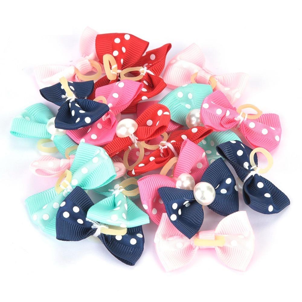 20Pcs Bowknot Shape Dog Hair Ties Soft Elastic Band Pet Grooming Bows Small Dog Dress Up 5-color Mixed 20Pcs