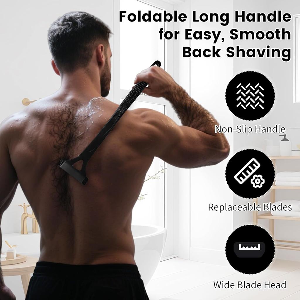 Back Shaver for Men with Foldable Long Handle, Premium Stainless Steel Body & Back Hair Trimmer, Repl aceable Safety Blades, Wet or Dry Use