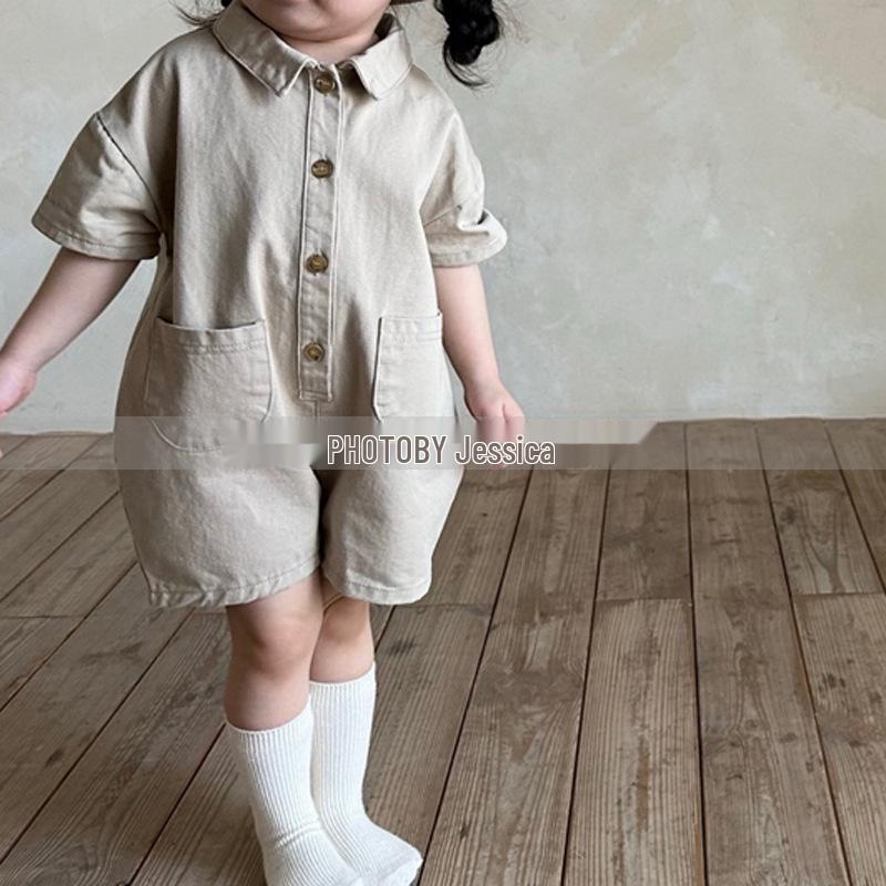 2024 Summer Unisex Children's Korean Denim Romper Shorts - Trendy Infant Toddler Jumpsuit for Outings & Crawling