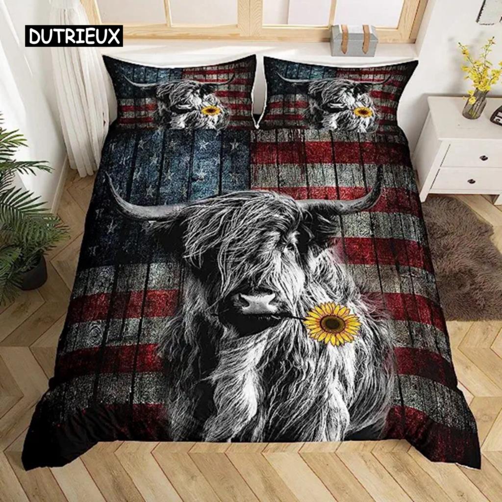 

Пододеяльник с изображением коровы Хайленд Цветок King Size Bull Cat Комплект постельного белья Western Funny Animal Комплект одеяла Wildlife Farmhouse EU single(135x200cm)