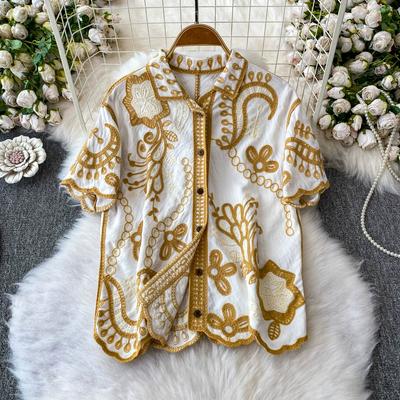 Estate Donna Manica Corta Colletto Reversibile Monopetto Ricamo Traforato Camicia Top