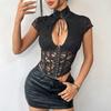 Slim-fit street lace semi-transparent hollow sexy lace-up fishbone breasted turtleneck three-sleeved top women