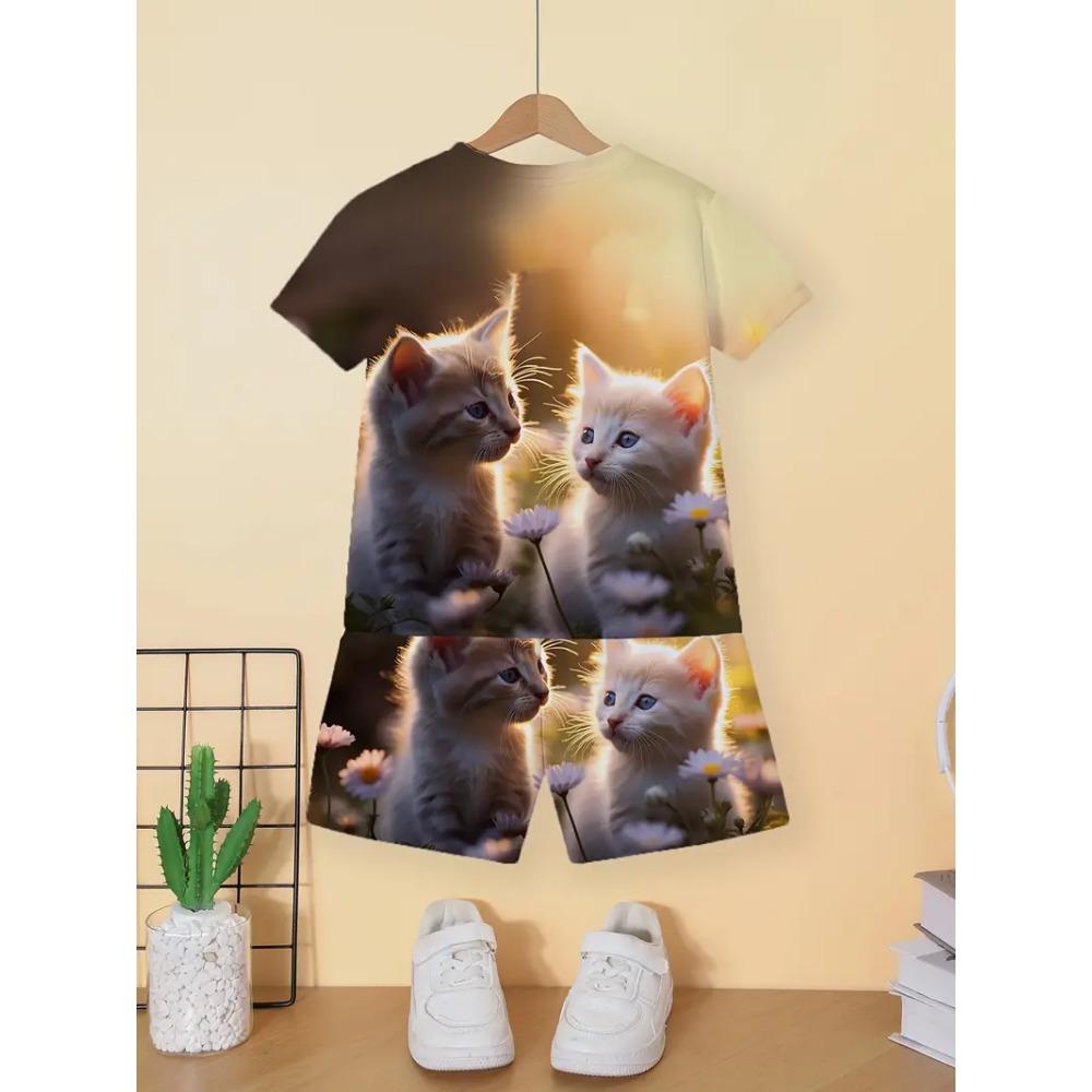 Children's Cat T-Shirt Shorts Set Summer Casual Girl Clothes Short Sleeve Kids Sets for Children Tops Outdoor Sport Girl Outfits