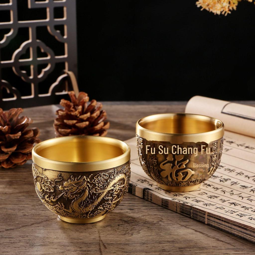 Dragon and Phoenix Brass Wine Pot with Baifu Copper Cylinder – Auspicious Teapot and Teacup Decoration for Restaurants