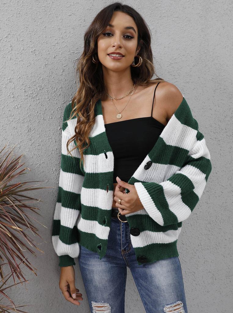 Women's cardigan cross-border European and American autumn and winter women's clothing new contrasting striped button splicing machine-woven sweater 