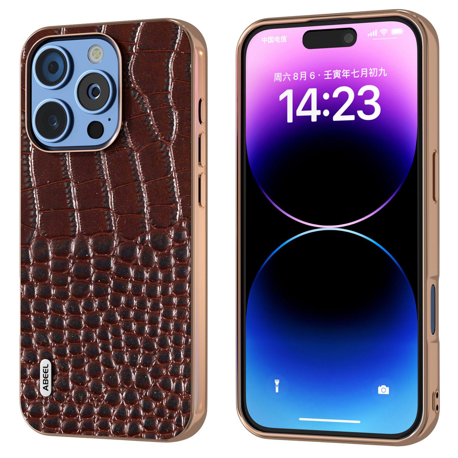 

ABEEL For iPhone 16 Pro Max Case Electroplating Edge Crocodile Texture Genuine Cow Leather Back Phone Cover Coffee